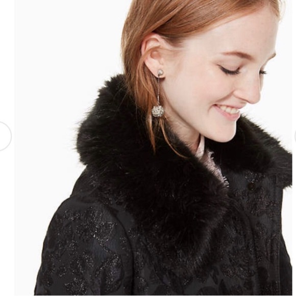 Kate Spade Black Metallic Jacquard Faux Fur Trim Coat Size 0 - Picture 2 of 9